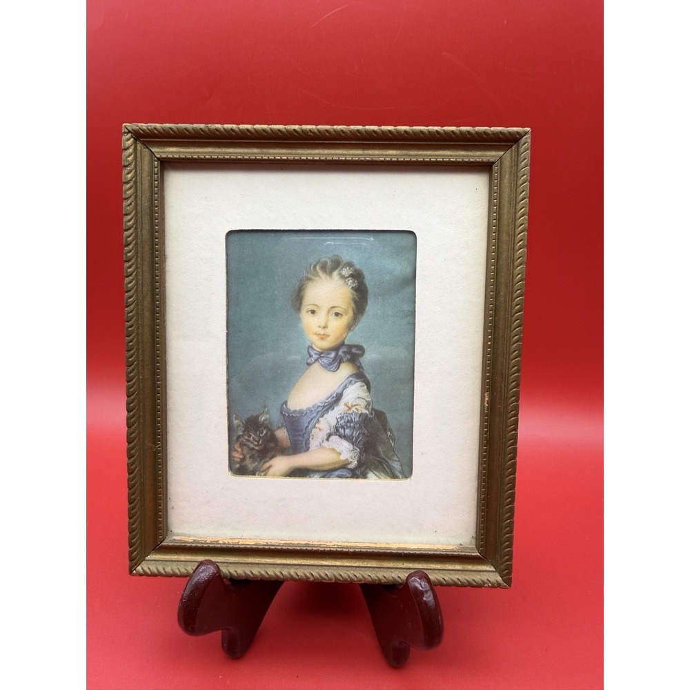 Vintage Miniature Framed Portrait "Girl With A Kitten" 5.75" x 6.75"
